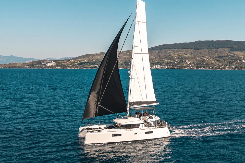 Largo Winch, Lagoon 52 F catamaran for charter in Mykonos, real photo