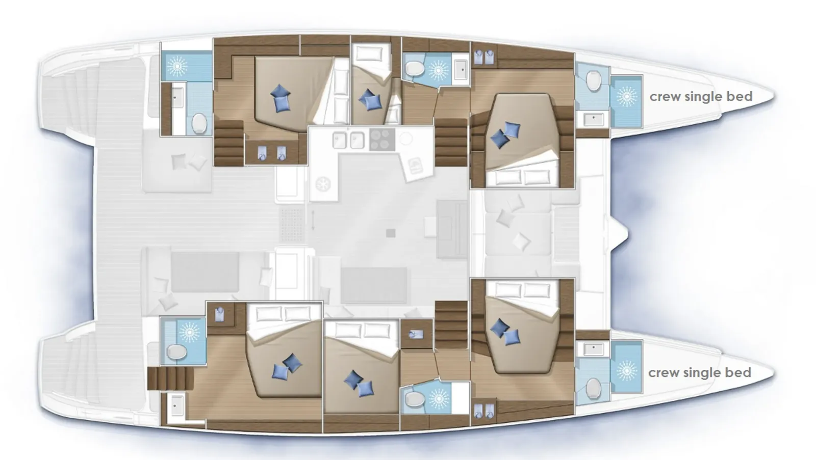 The deck plan of Lucky Clover: five double cabins with their own bathrooms, a smaller bunk cabin, and two crew berths in the bows